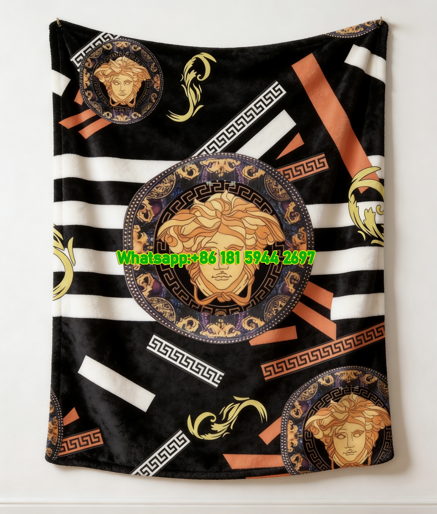 Versace Black White Orange Gold Medusa Greek Key Print Flannel Sofa Throw Blanket IMG_1424
